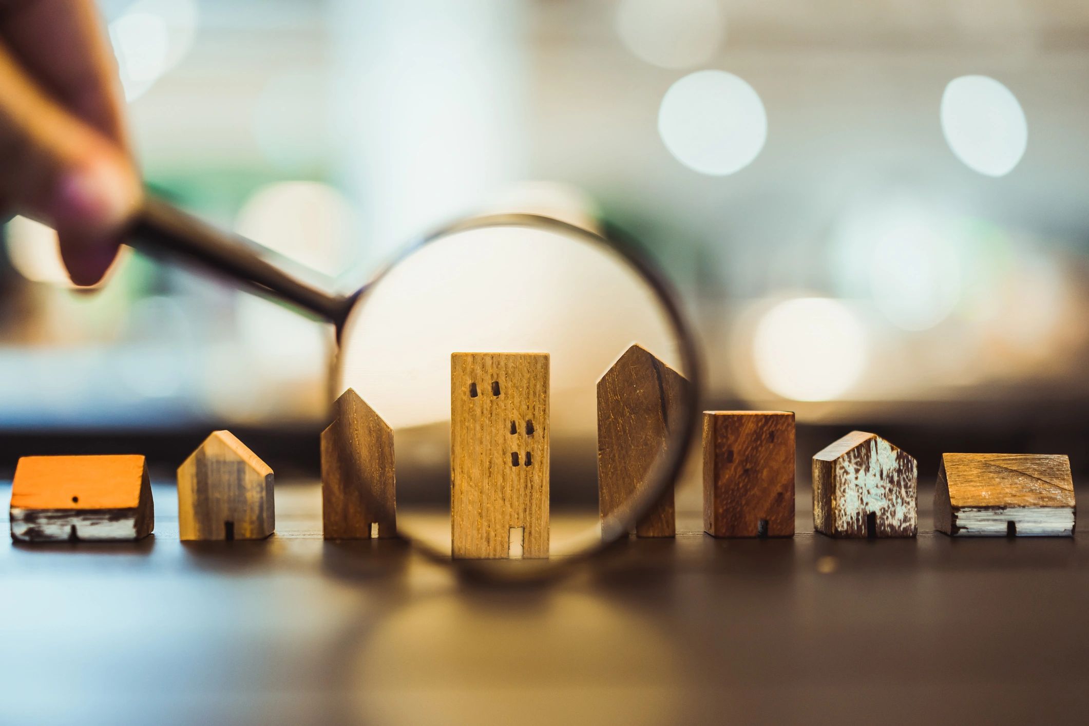 Magnifying glass focusing on wooden block houses, symbolizing proven results, accurate valuations, and successful estate and inherited property sales in Boise, Idaho.