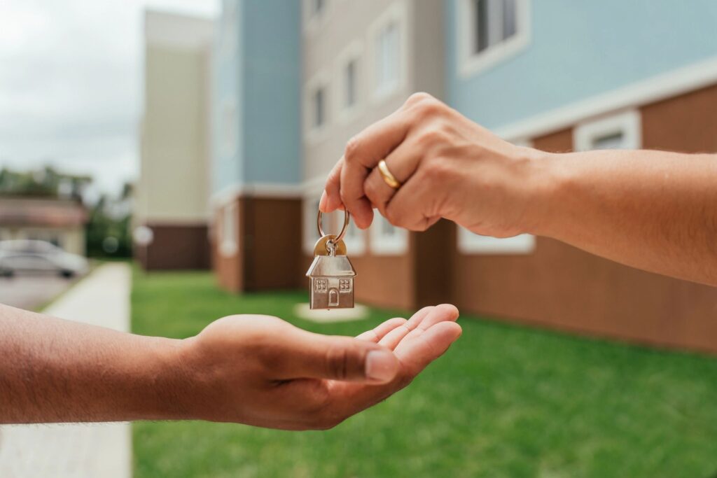 Close-up of hands exchanging a house key with a keychain.