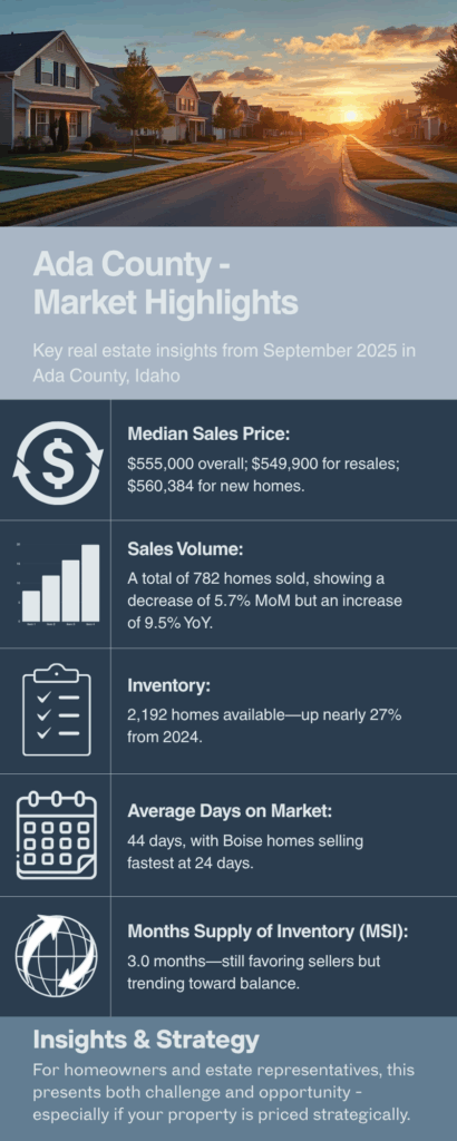 Market Highlights: September 2025 Median Sales Price: $555,000 overall; $549,900 for resales; $560,384 for new homes. Sales Volume: 782 homes sold, down 5.7% from August but up 9.5% year-over-year. Inventory: 2,192 homes available—up nearly 27% from 2024. Average Days on Market: 44 days, with Boise homes selling fastest at 24 days. Months Supply of Inventory (MSI): 3.0 months—still favoring sellers but trending toward balance.