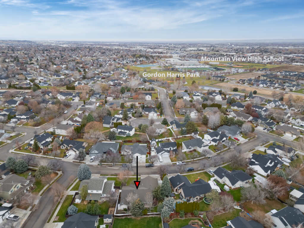 Aerial view of surrounding neighborhood of house at 2680 south loftus way in meridian, idaho listed by jeff sudmeier with idahoreal.estate team at action real estate.