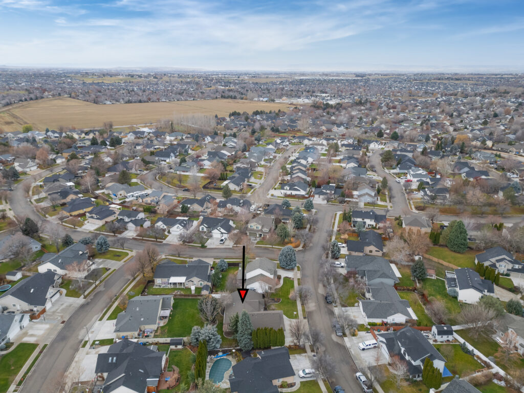 Aerial view of surrounding neighborhood of house at 2680 south loftus way in meridian, idaho listed by jeff sudmeier with idahoreal.estate team at action real estate.