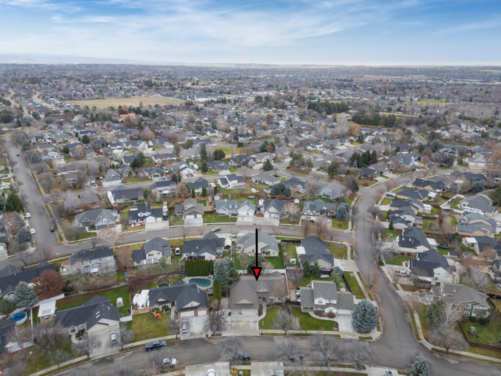 Aerial view of surrounding neighborhood of house at 2680 south loftus way in meridian, idaho listed by jeff sudmeier with idahoreal.estate team at action real estate.